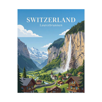 Rolled poster with Switzerland header above Lauterbrunnen valley landscape and village