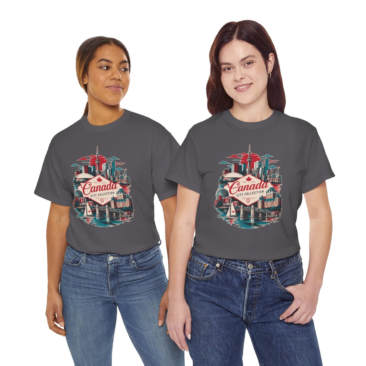 Charcoal crew-neck T-shirt with Canada city skyline graphic, worn by two models