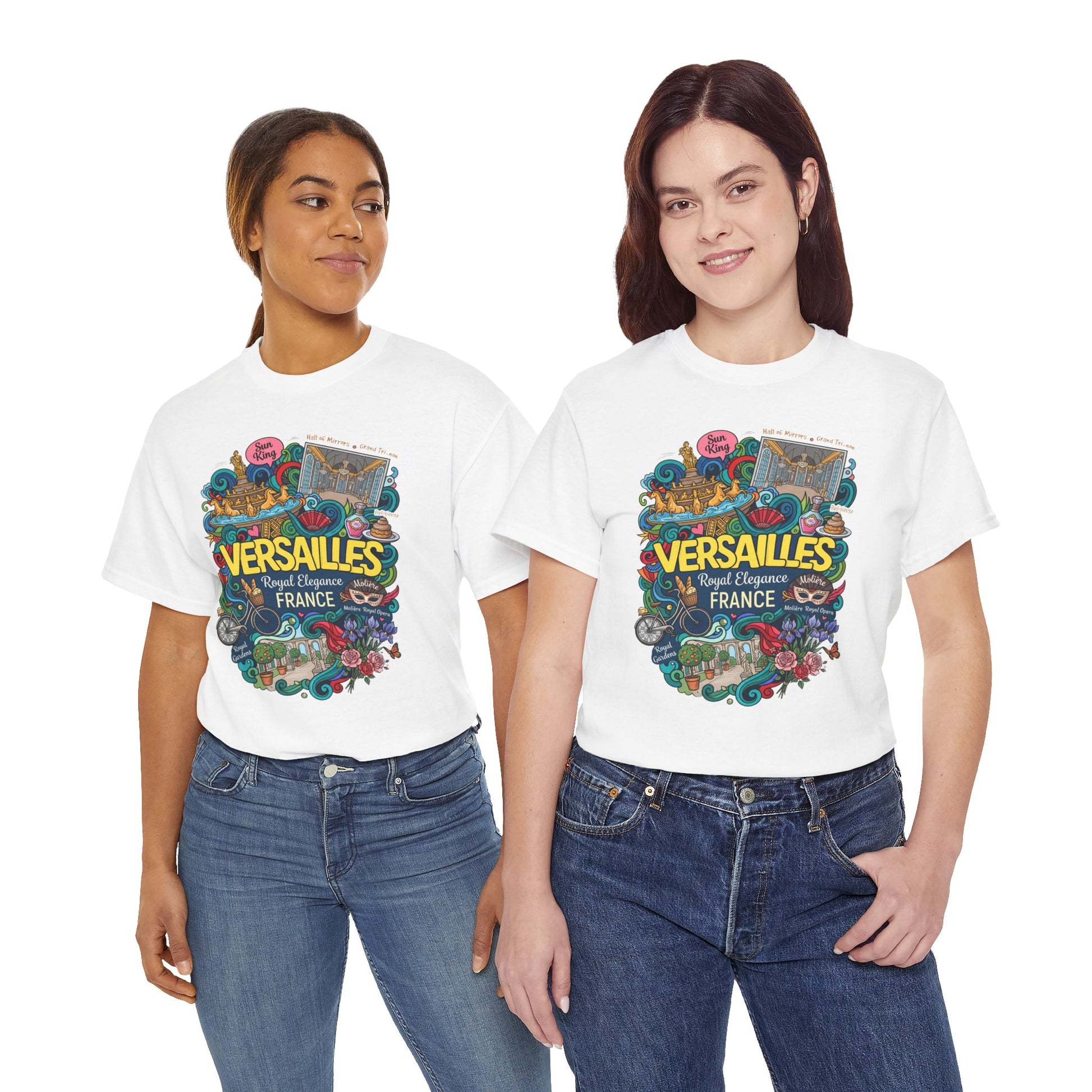 White crewneck T-shirt with Versailles-themed front illustration on two women.