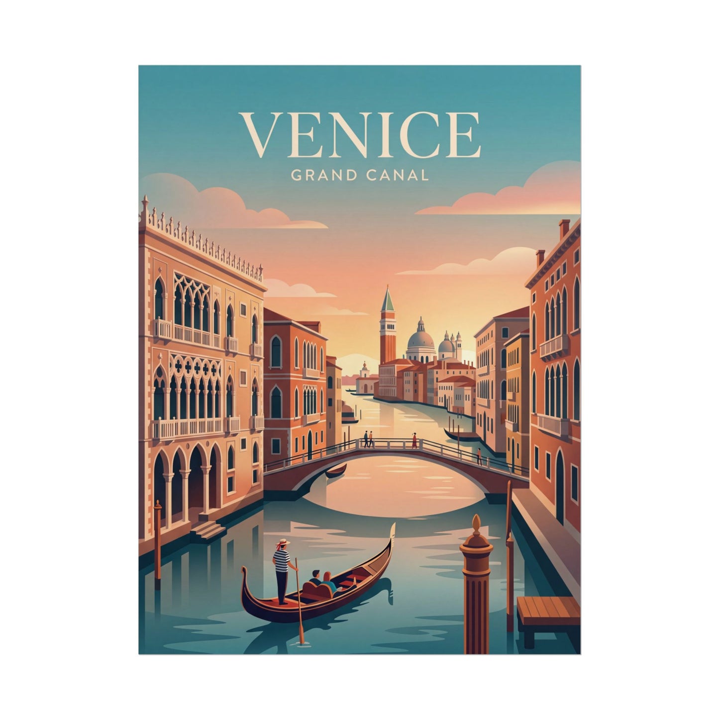 Rolled poster showing Venice Grand Canal illustration with gondola on calm water
