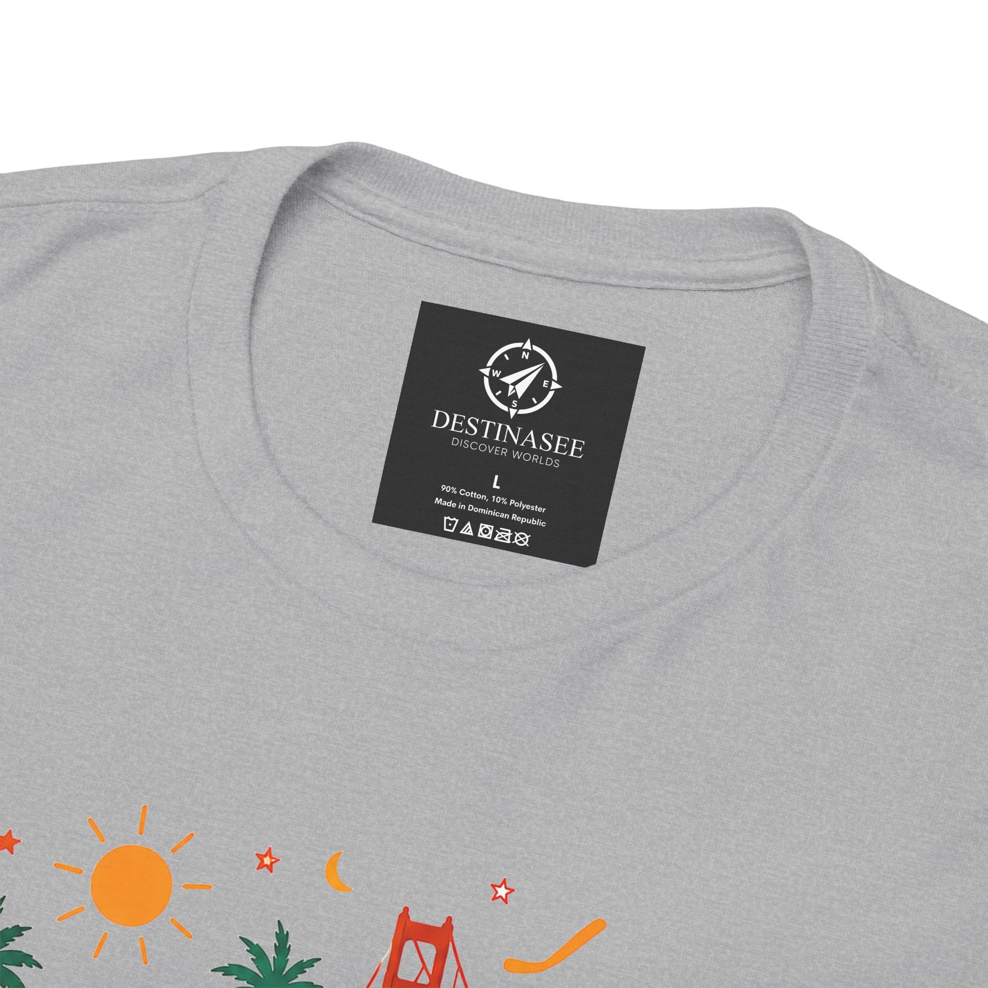 Heather gray T-shirt neckline close-up with brand label and partial California graphic
