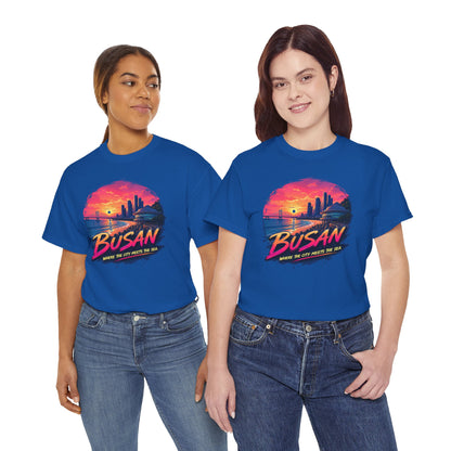 Royal blue crew-neck T-shirt with colorful Busan sunset city graphic on front