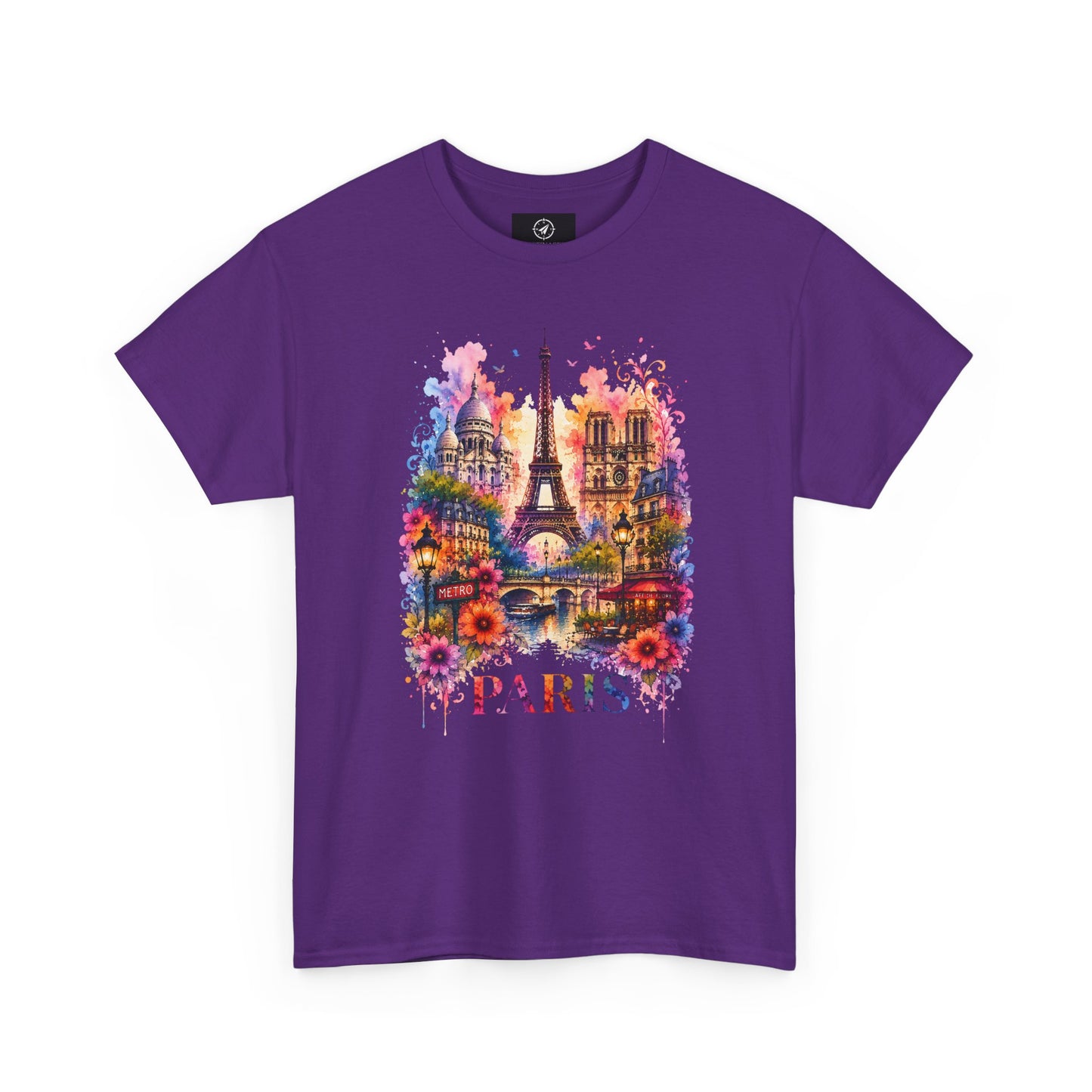 Purple T-shirt with colorful Eiffel Tower floral watercolor graphic and PARIS text