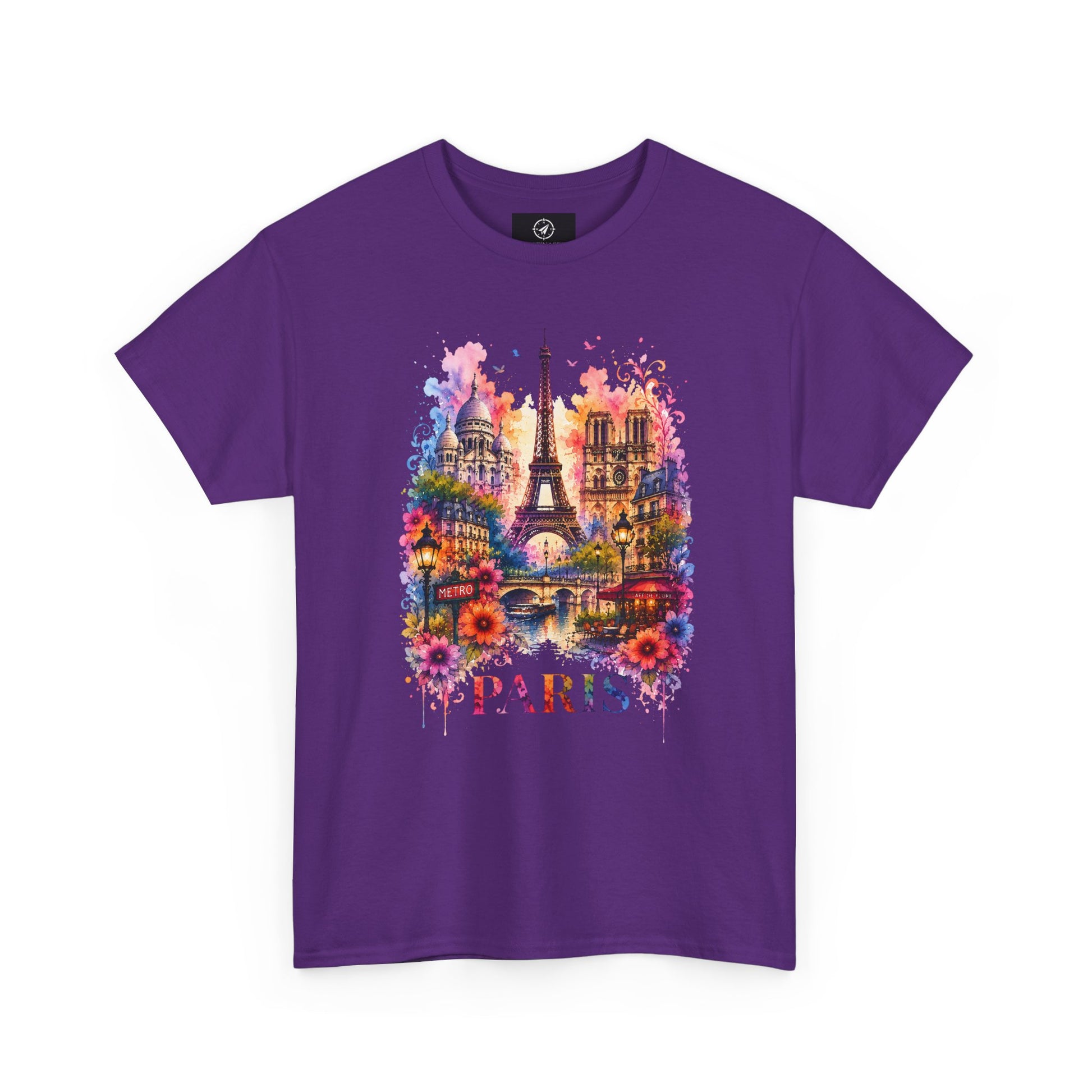 Purple T-shirt with colorful Eiffel Tower floral watercolor graphic and PARIS text