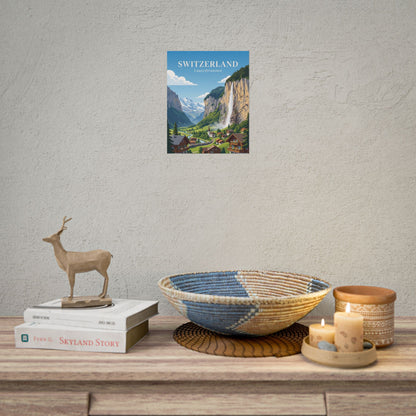 Rolled poster showing Switzerland title, Lauterbrunnen village, waterfall, and green valley