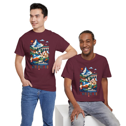 Maroon t-shirt with front Switzerland village graphic, worn by models.