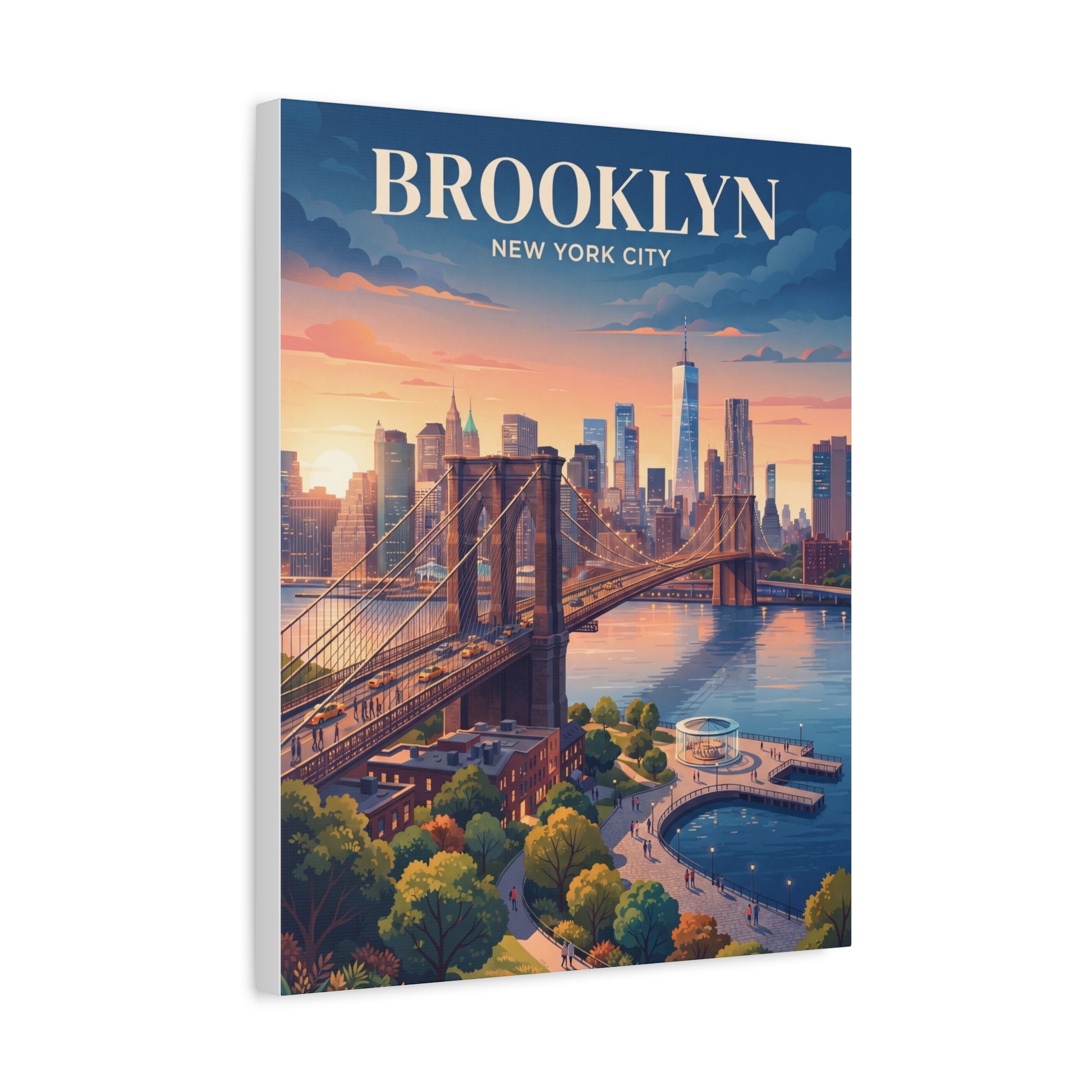 Hanging canvas wall art with Brooklyn skyline, bridge and river at sunset, BROOKLYN headline