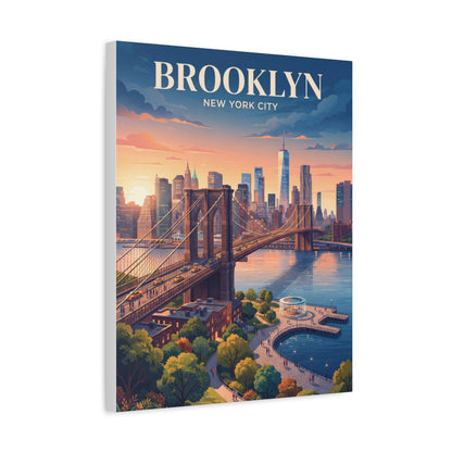 Hanging canvas wall art with Brooklyn skyline, bridge and river at sunset, BROOKLYN headline