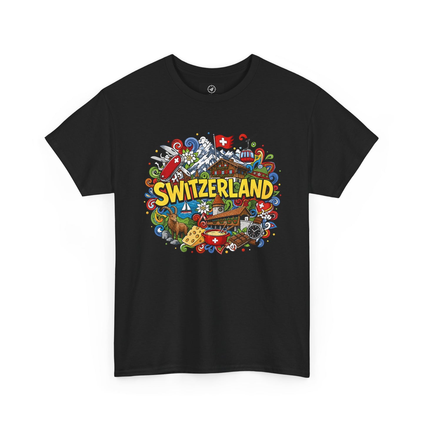 Black Switzerland travel T-shirt with colorful Switzerland badge graphic on chest