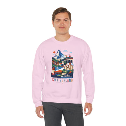 Light pink crewneck sweatshirt with colorful Switzerland alpine village graphic on front