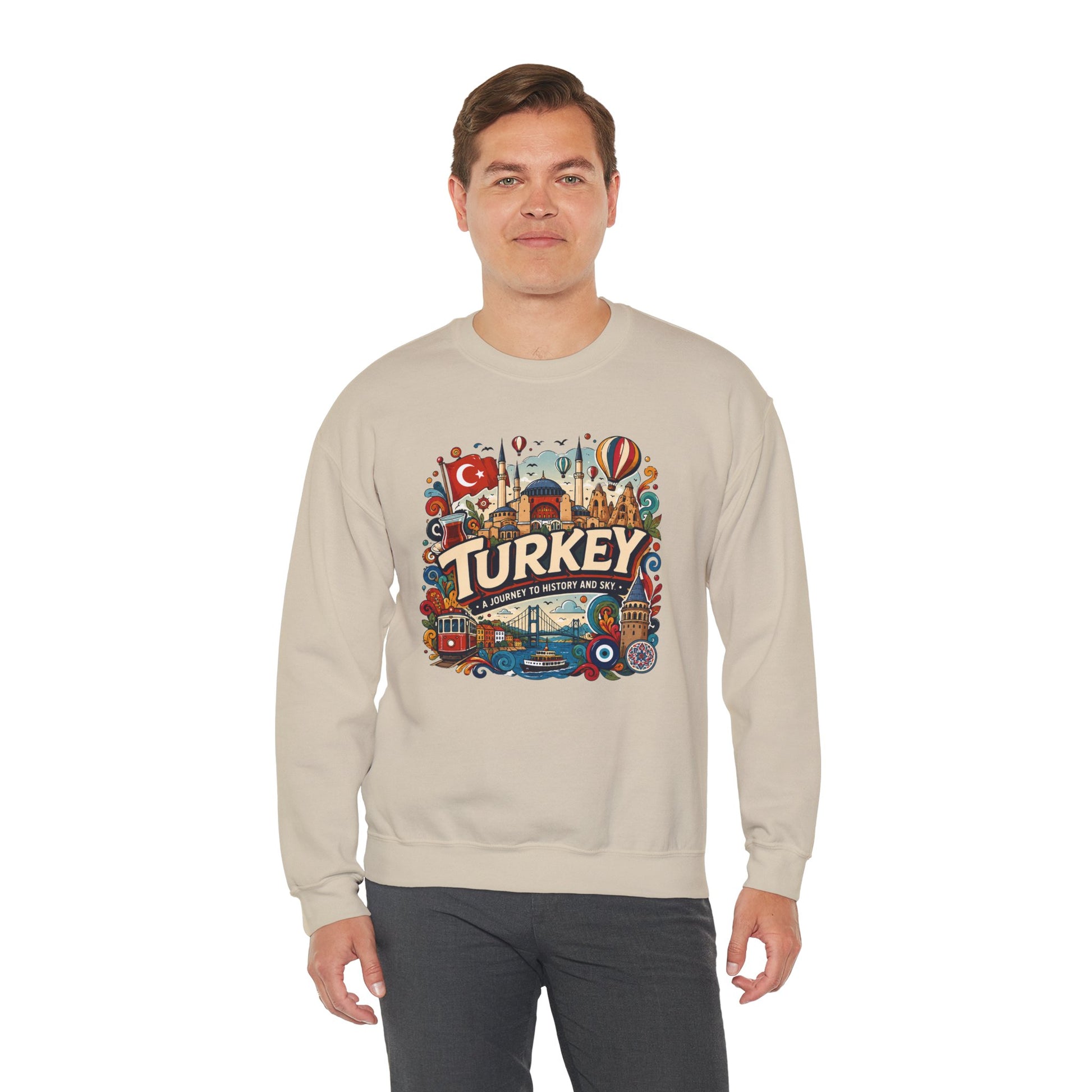 Light beige crewneck sweatshirt with colorful Turkey graphic on the chest