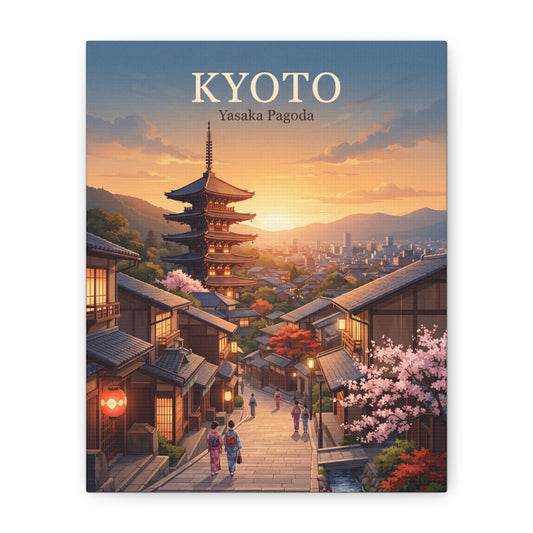 Matte canvas print of Kyoto street scene with Yasaka Pagoda at sunset