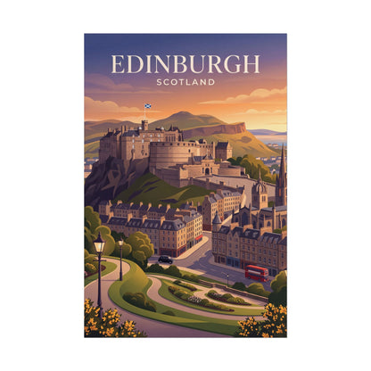 Vertical Edinburgh Scotland poster with city streets, castle walls, and sunset colors