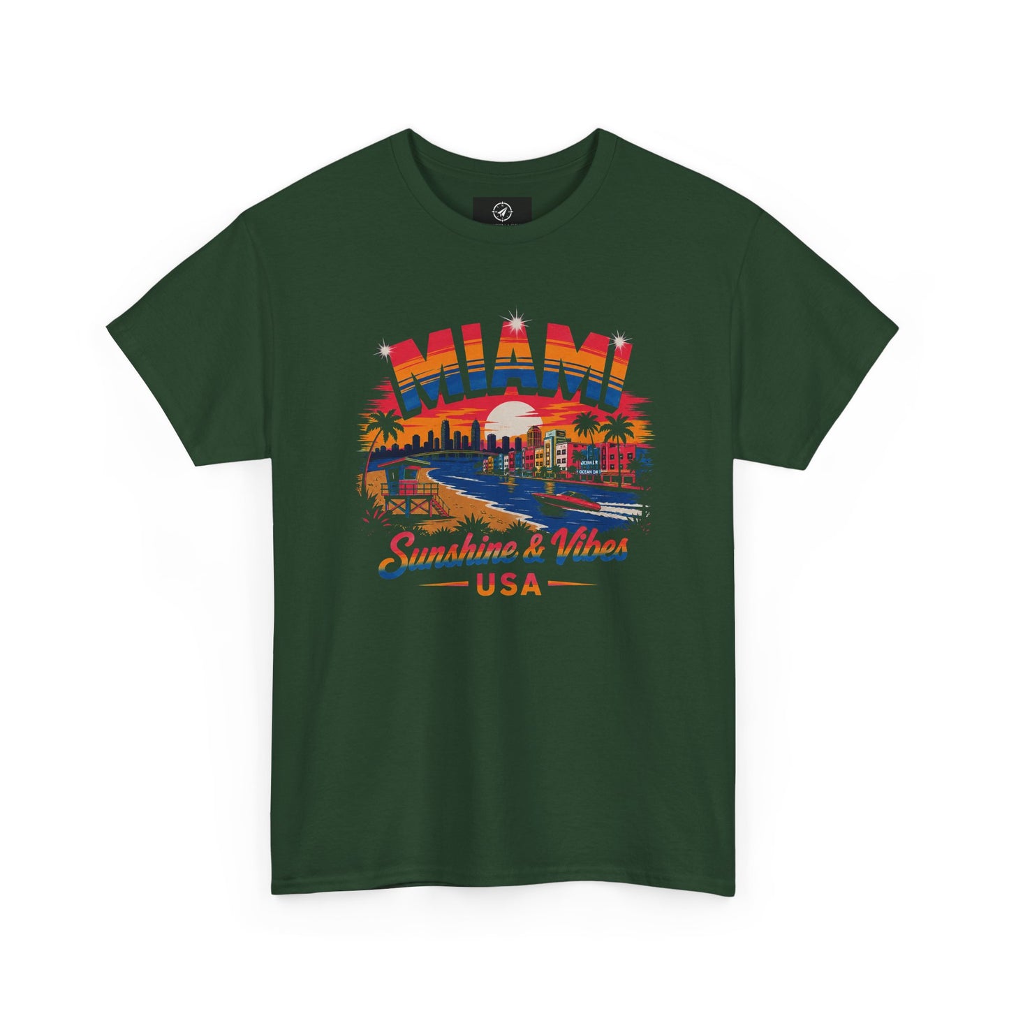 Forest green short-sleeve T-shirt with colorful Miami city “Sunshine & Vibes” USA print