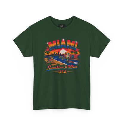 Forest green short-sleeve T-shirt with colorful Miami city “Sunshine & Vibes” USA print