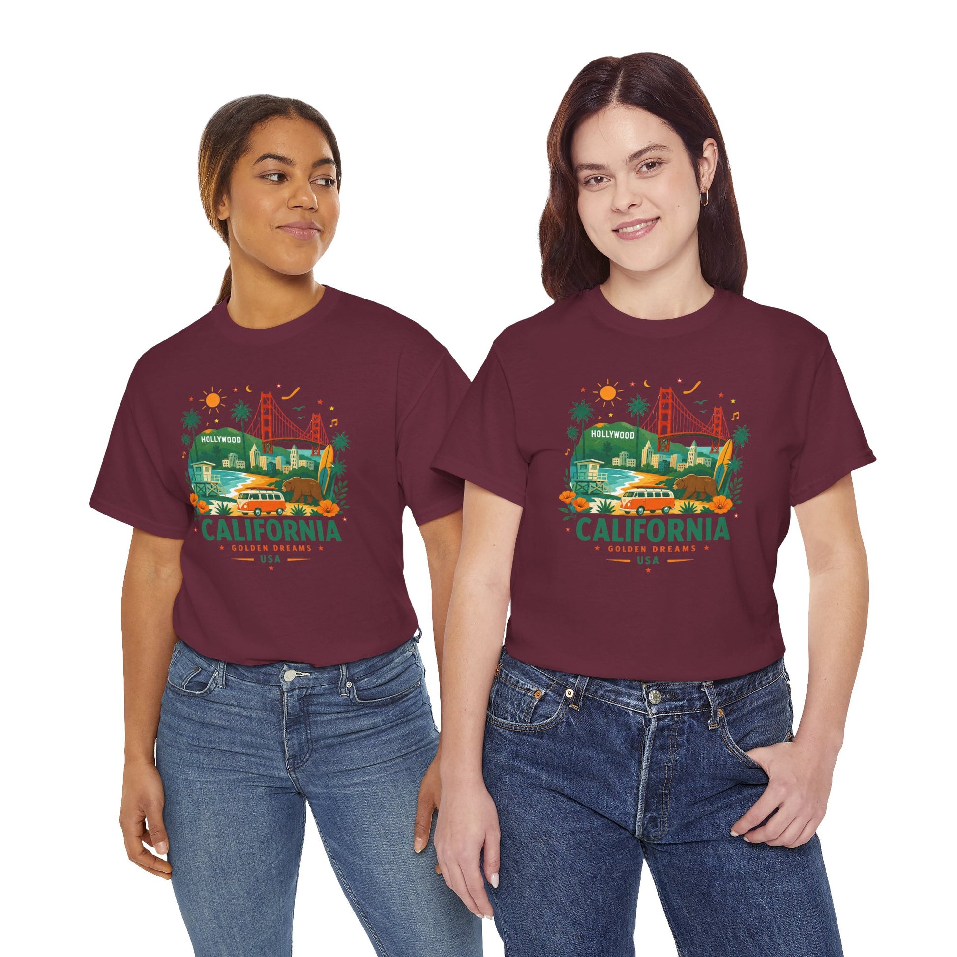 Maroon T-shirt pair with colorful California graphic print on the front