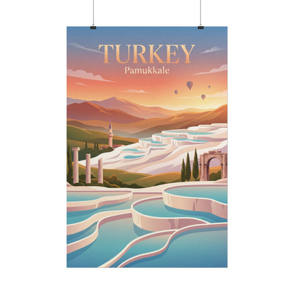 Turkey travel poster with Pamukkale illustration and title text in warm sunset colors