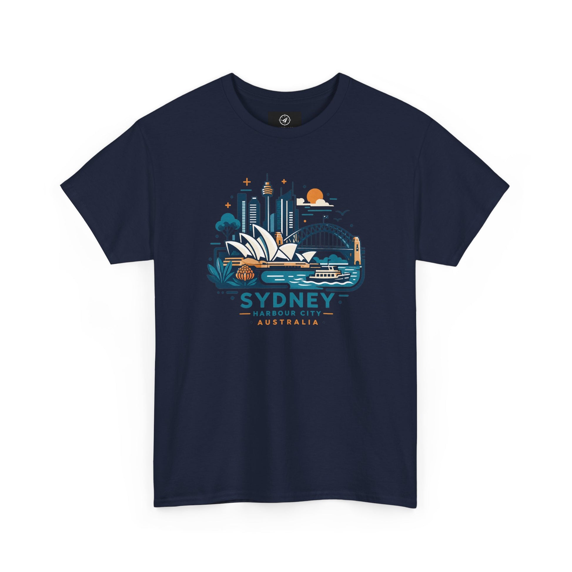 Navy Sydney harbor city graphic T-shirt, short-sleeve crew neck