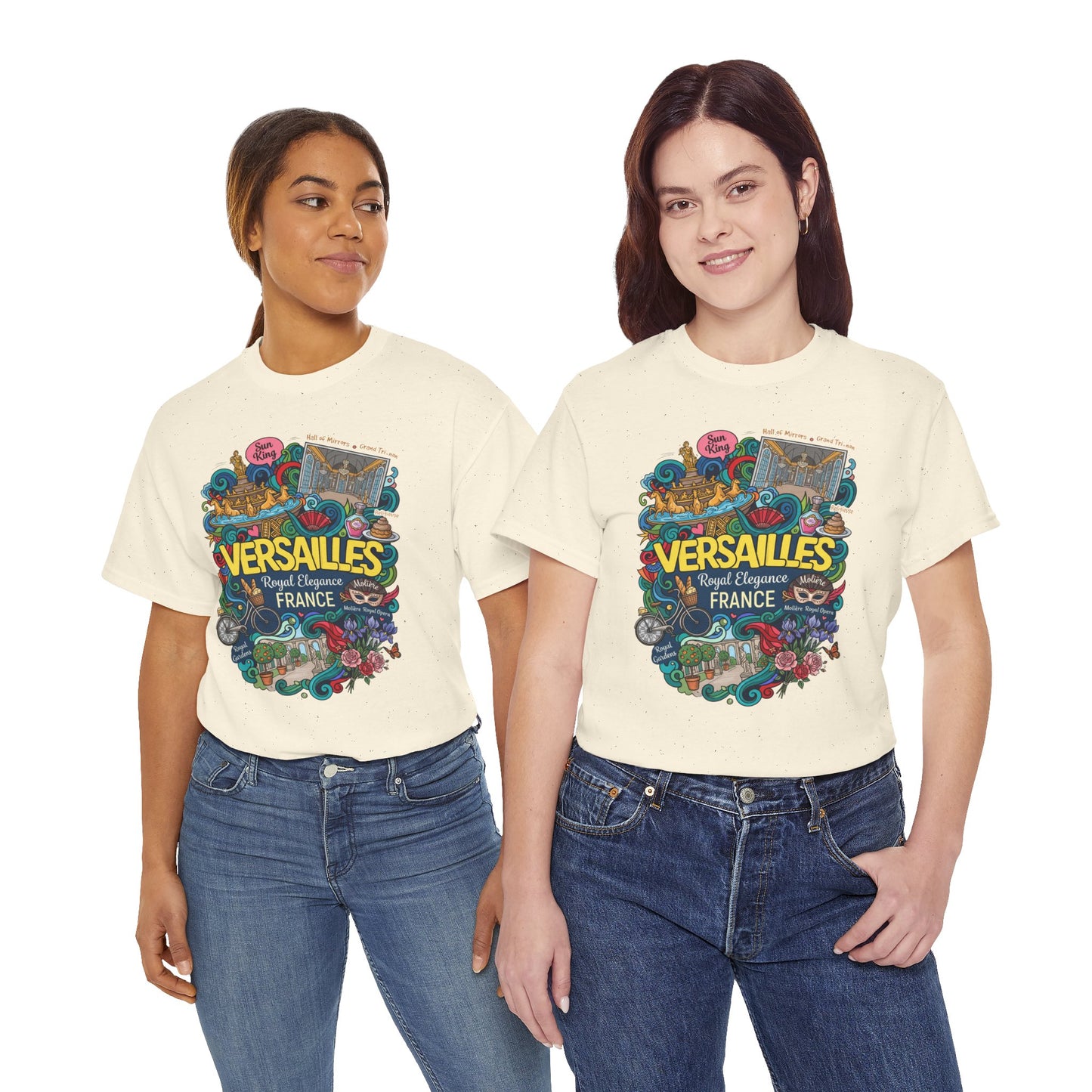 Natural cream crew-neck T-shirt with colorful Versailles illustrated front graphic