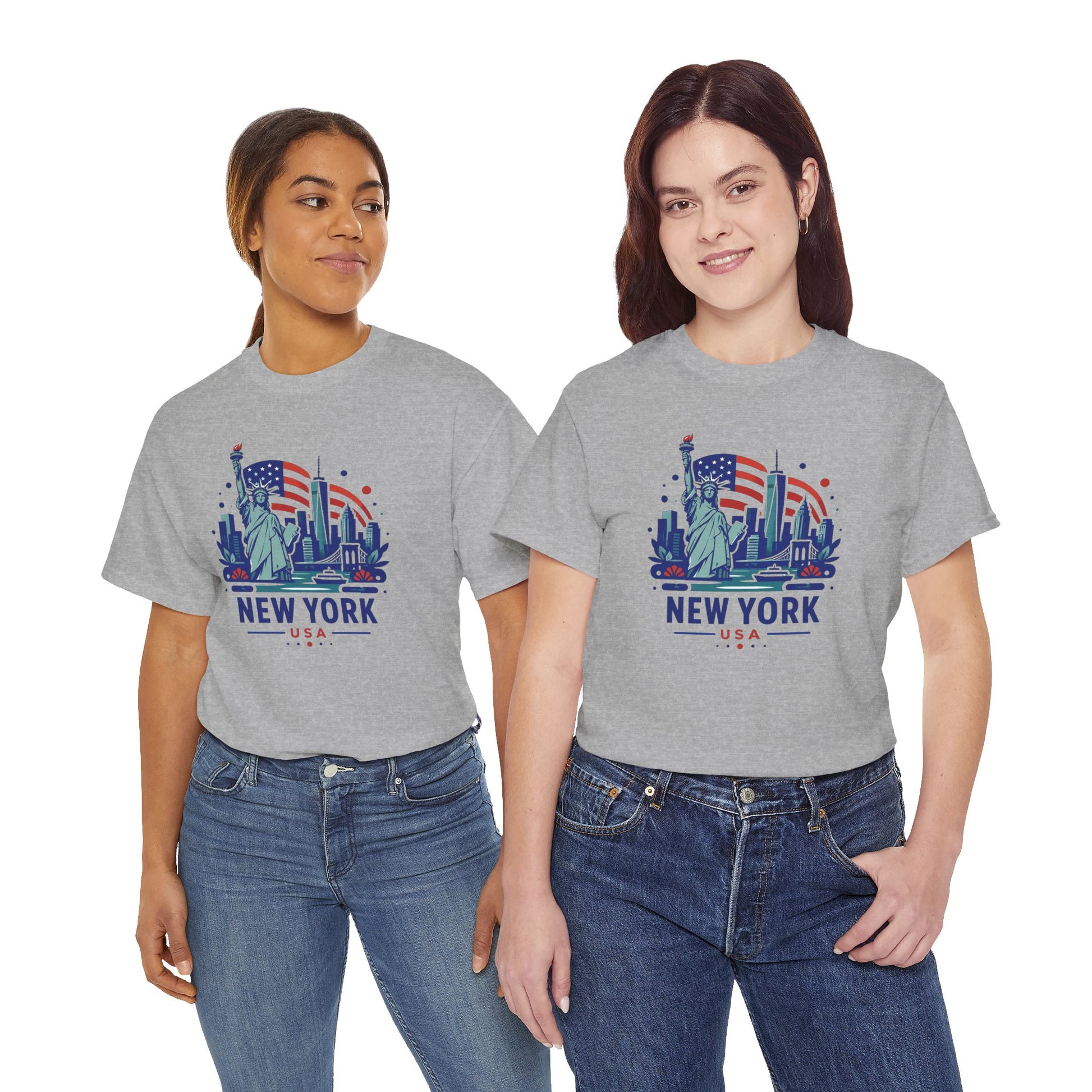 Light gray T-shirt with “NEW YORK USA” Statue of Liberty graphic, worn by two models