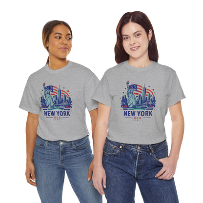 Light gray T-shirt with “NEW YORK USA” Statue of Liberty graphic, worn by two models