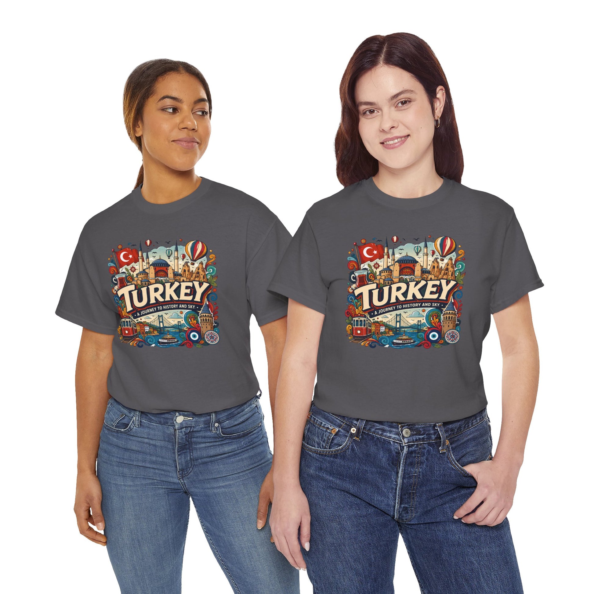 Charcoal gray graphic tee with colorful Turkey-themed front emblem, worn by two models