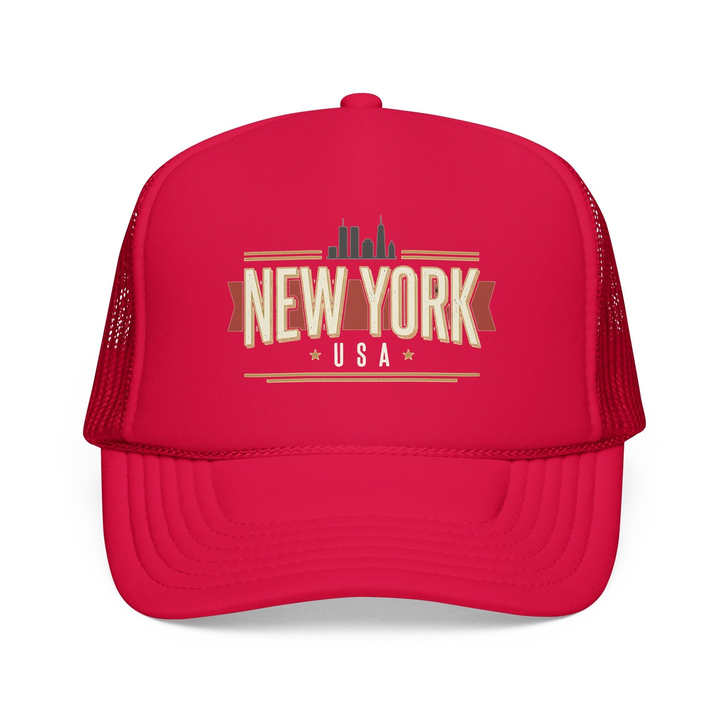 Red foam trucker hat with New York USA front graphic and mesh side panels
