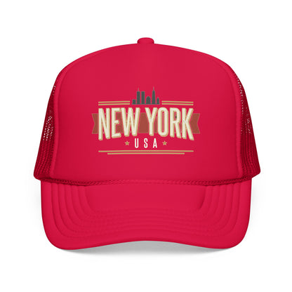 Red foam trucker hat with New York USA front graphic and mesh side panels