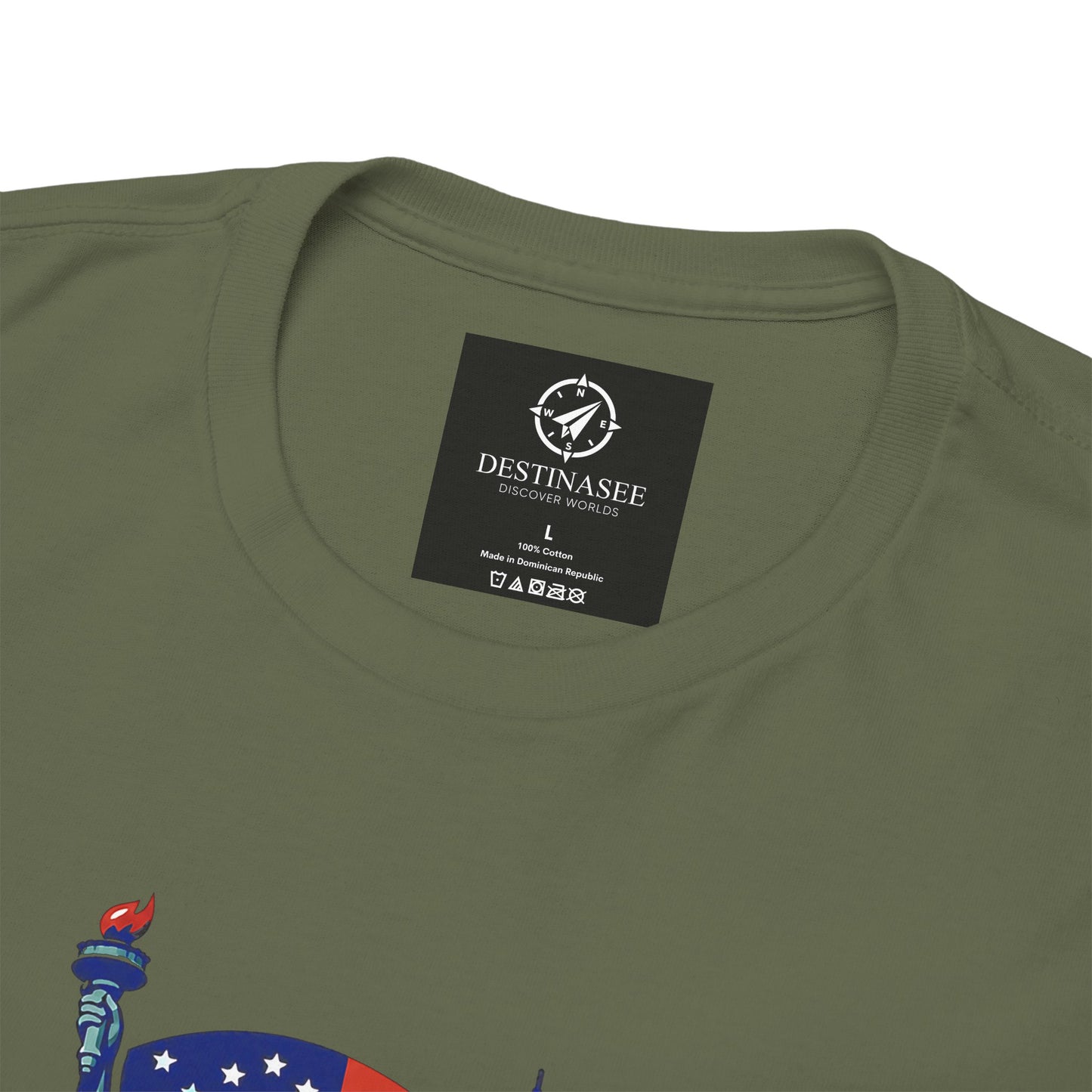 Olive green T-shirt with back neck label and partial design near collar.
