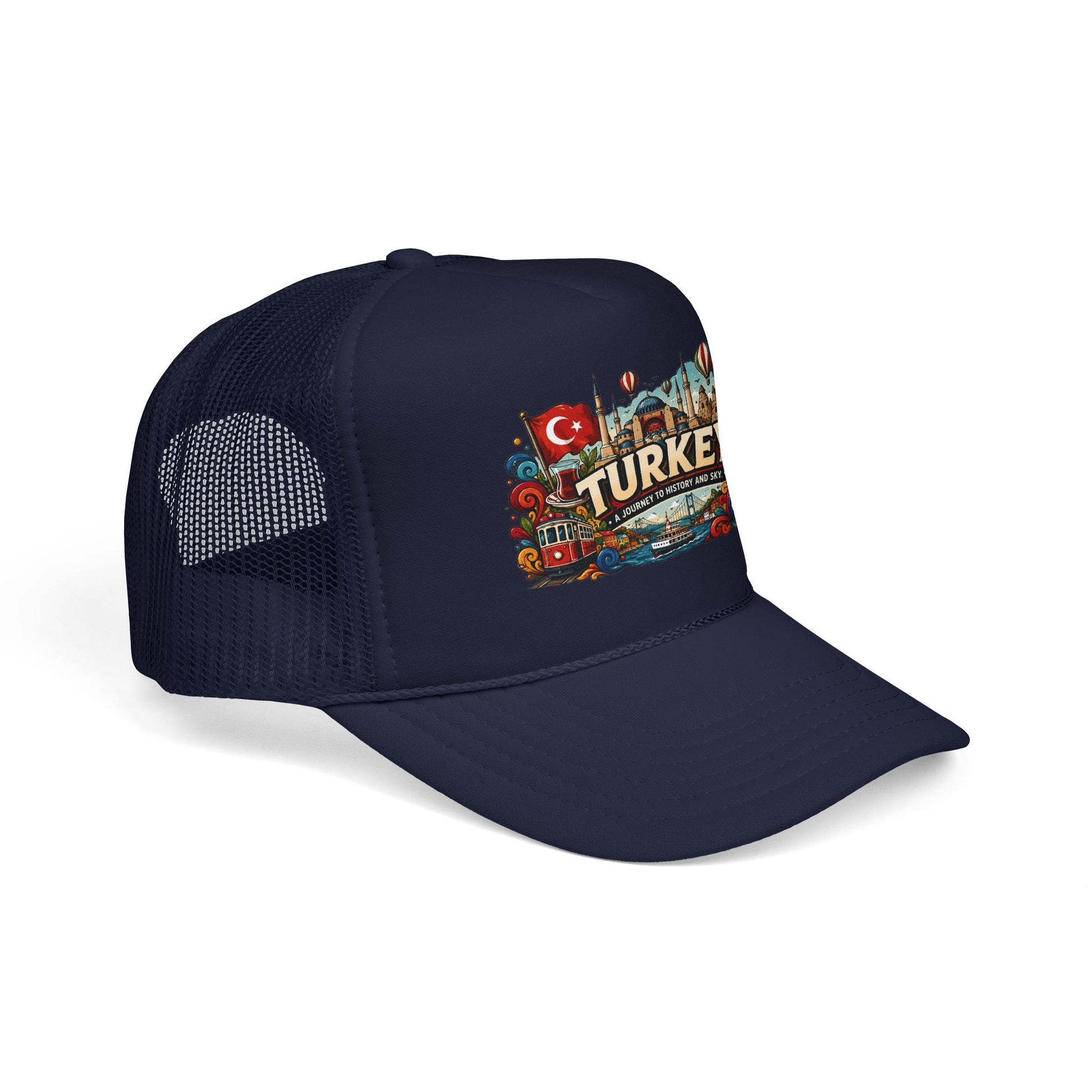 Navy and dark mesh trucker hat with colorful Turkey emblem patch on the front