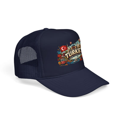 Navy and dark mesh trucker hat with colorful Turkey emblem patch on the front