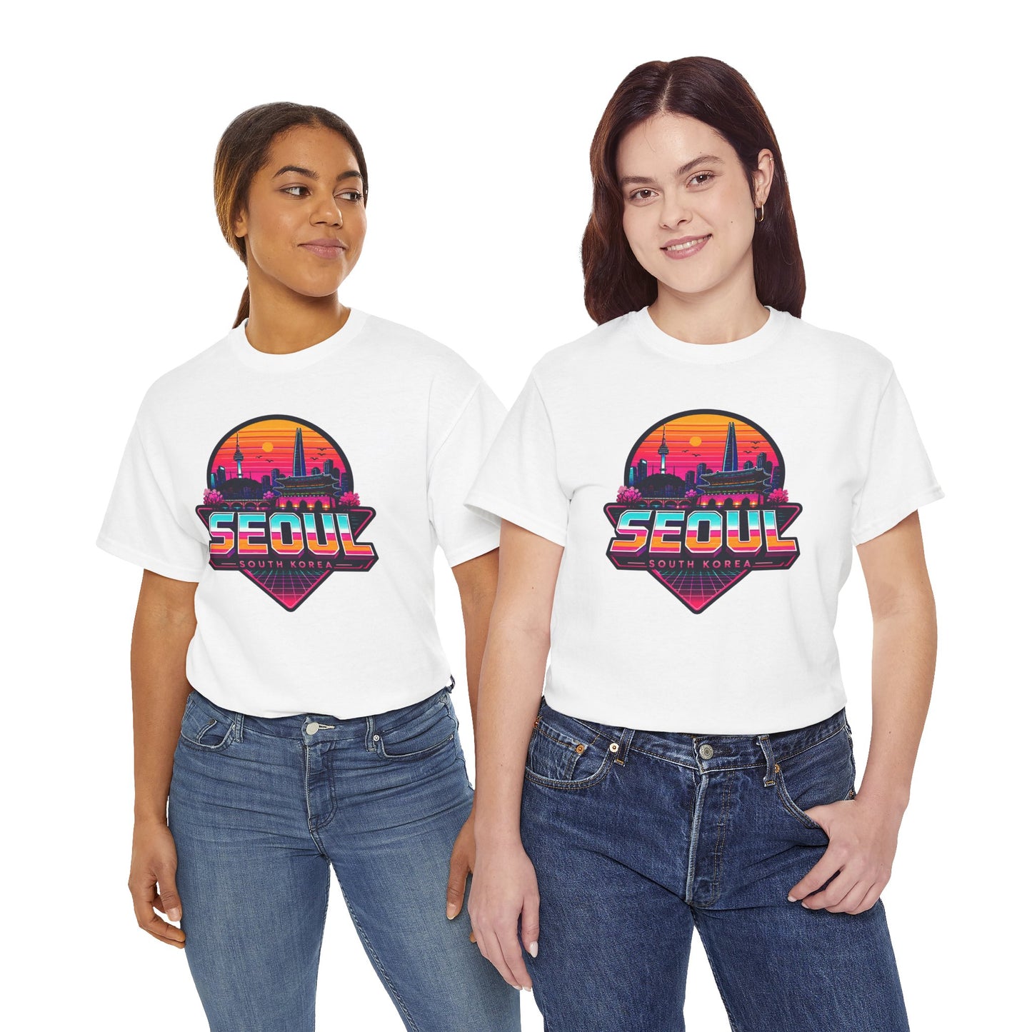 White crew-neck T-shirt with Seoul skyline heart graphic, worn by two models