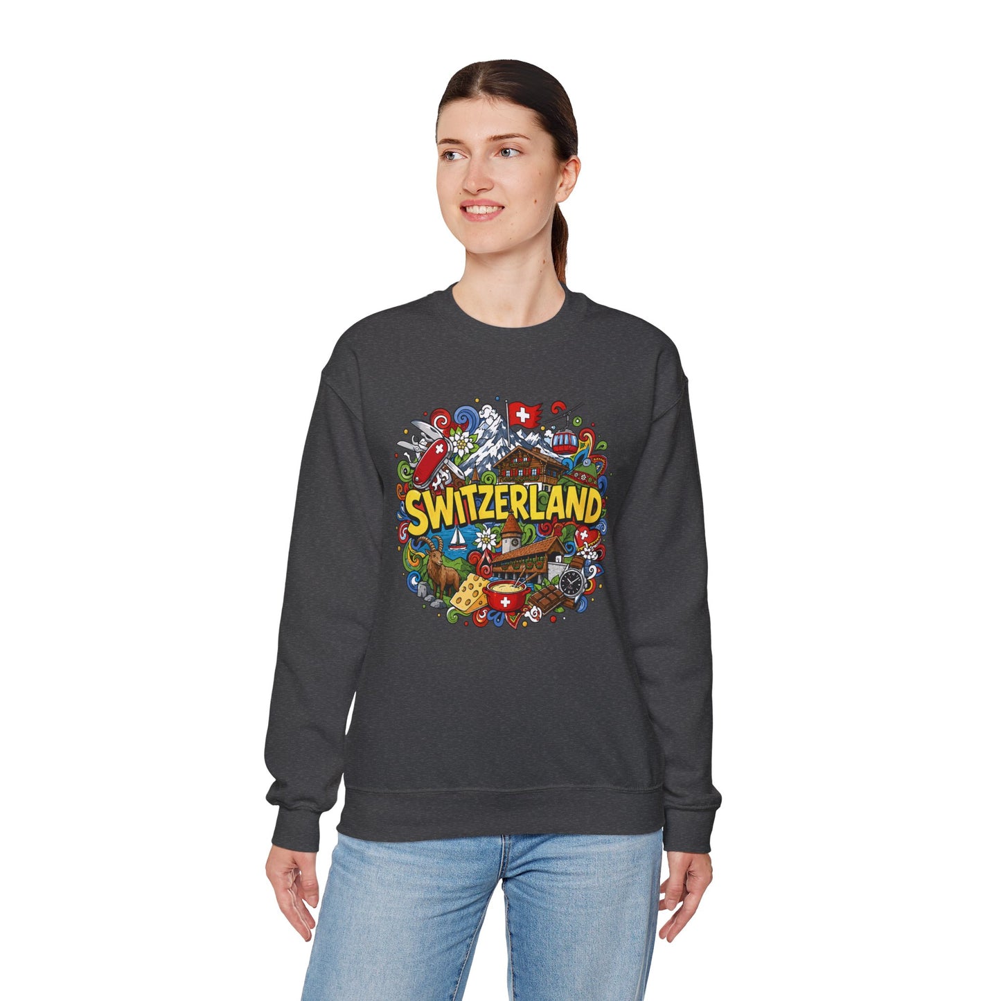 Dark gray crewneck sweatshirt with colorful Switzerland graphic on the front