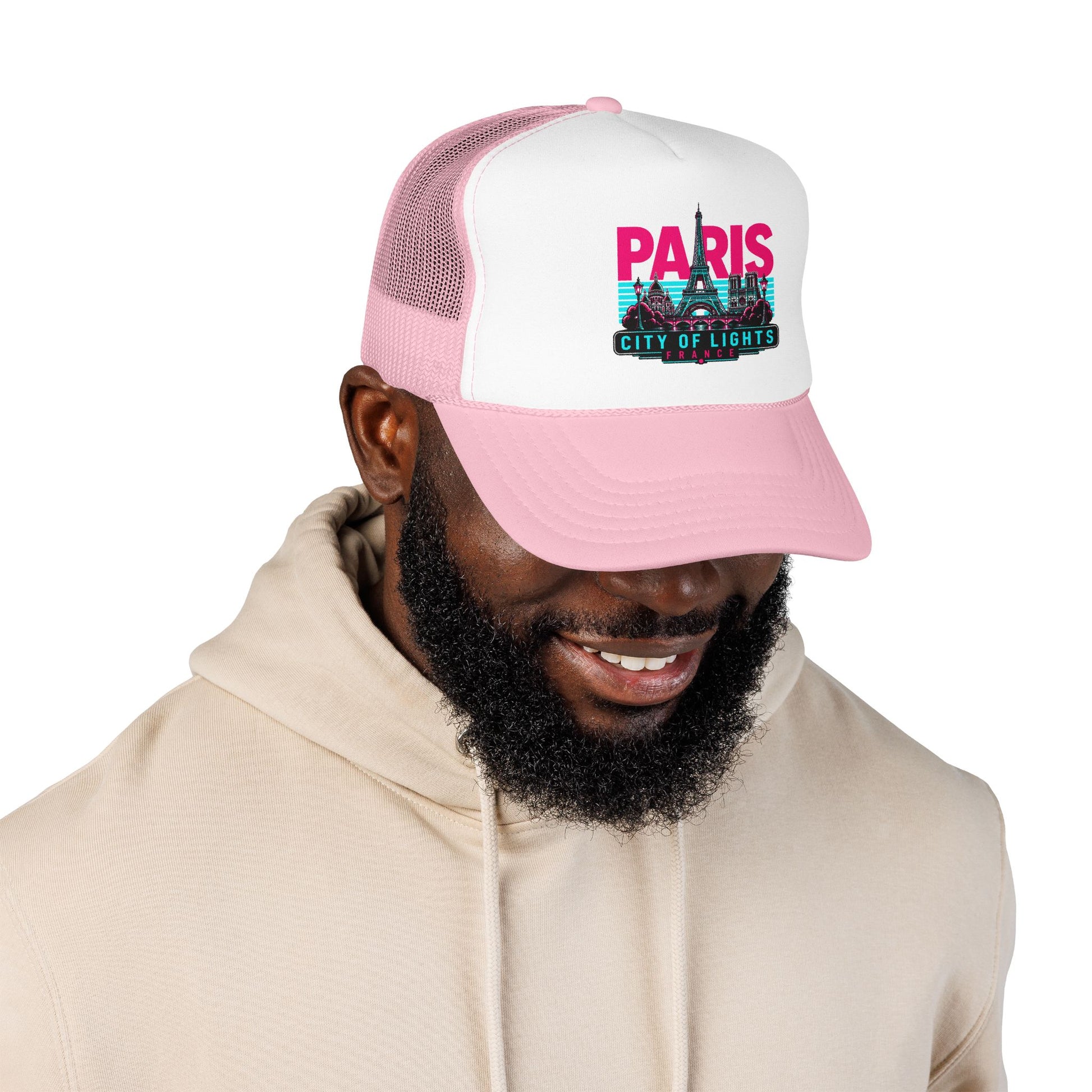 White-and-pink trucker hat with “PARIS City of Lights” logo on the front panel