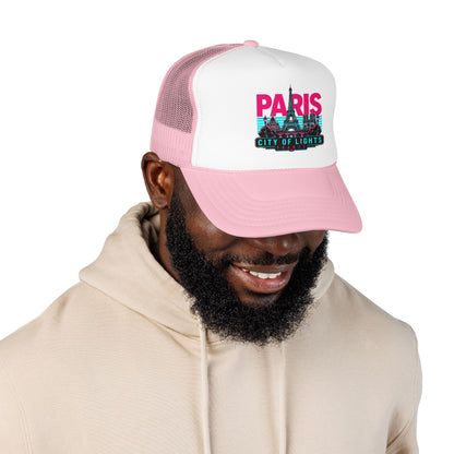 White-and-pink trucker hat with “PARIS City of Lights” logo on the front panel