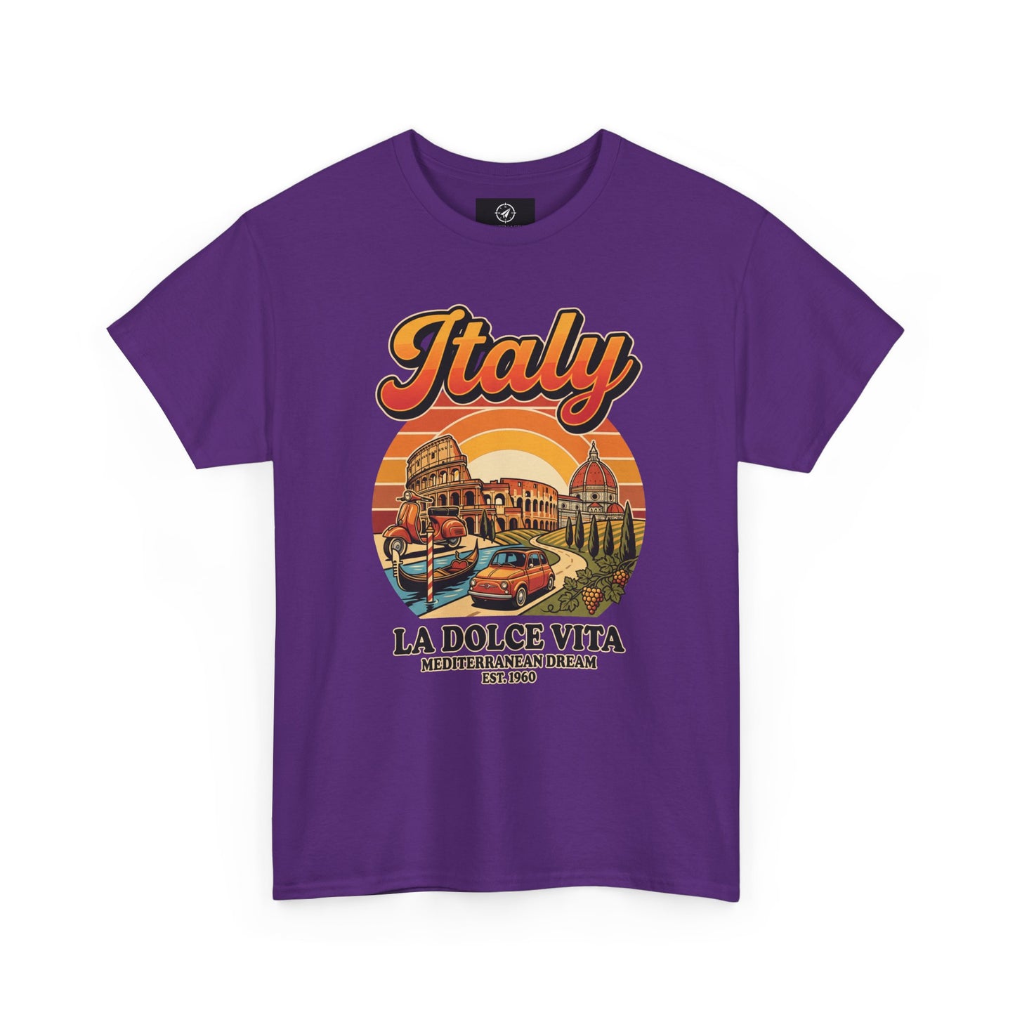 Purple vintage graphic T-shirt with front “Italy” text and illustrated scene