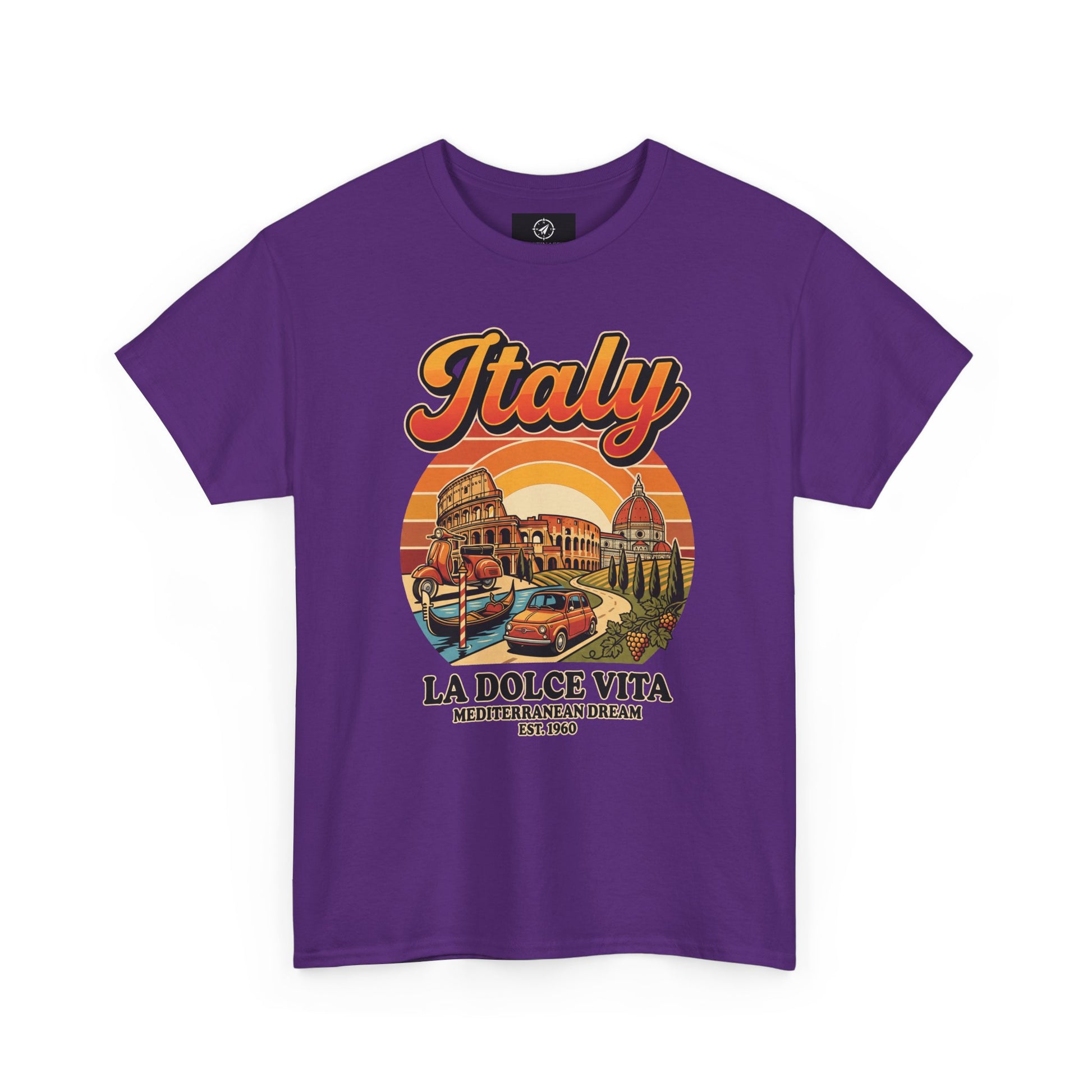 Purple vintage graphic T-shirt with front “Italy” text and illustrated scene