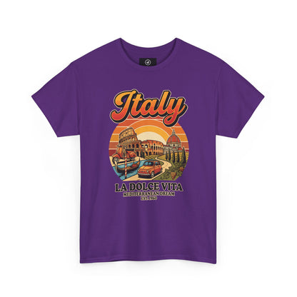 Purple vintage graphic T-shirt with front “Italy” text and illustrated scene