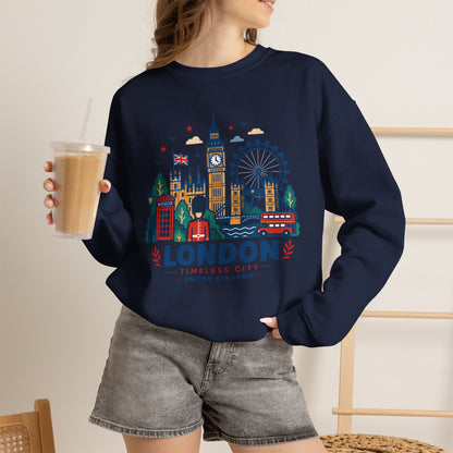Navy crewneck sweatshirt with London skyline graphic, worn by person