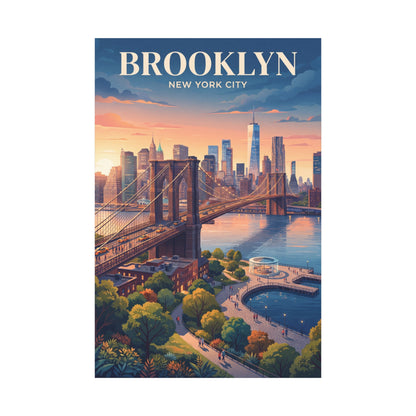 Portrait matte canvas wall art with "BROOKLYN" and "NEW YORK CITY" over sunset skyline