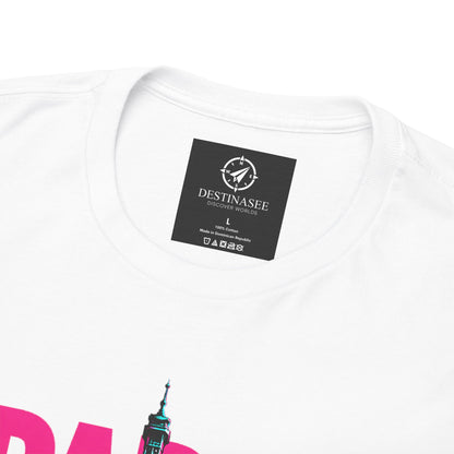 White crewneck t-shirt with small neck label and partial neon Eiffel Tower graphic
