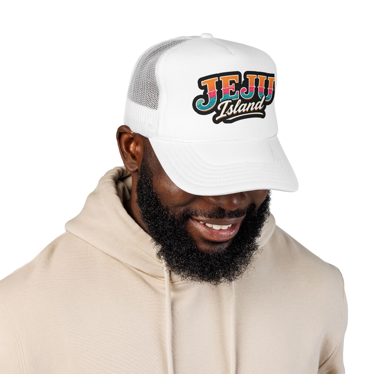 Foam trucker hat, white and white mesh with Jeju Island logo on model