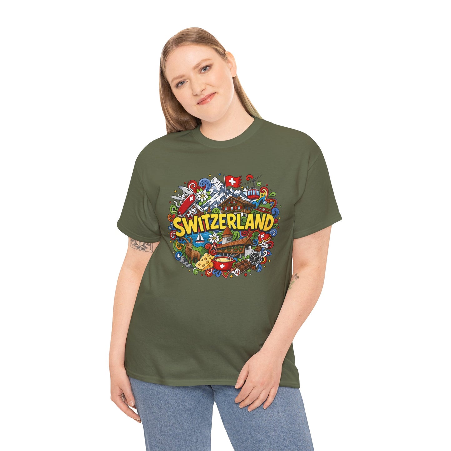 Forest green short-sleeve T-shirt with colorful Switzerland chest graphic.