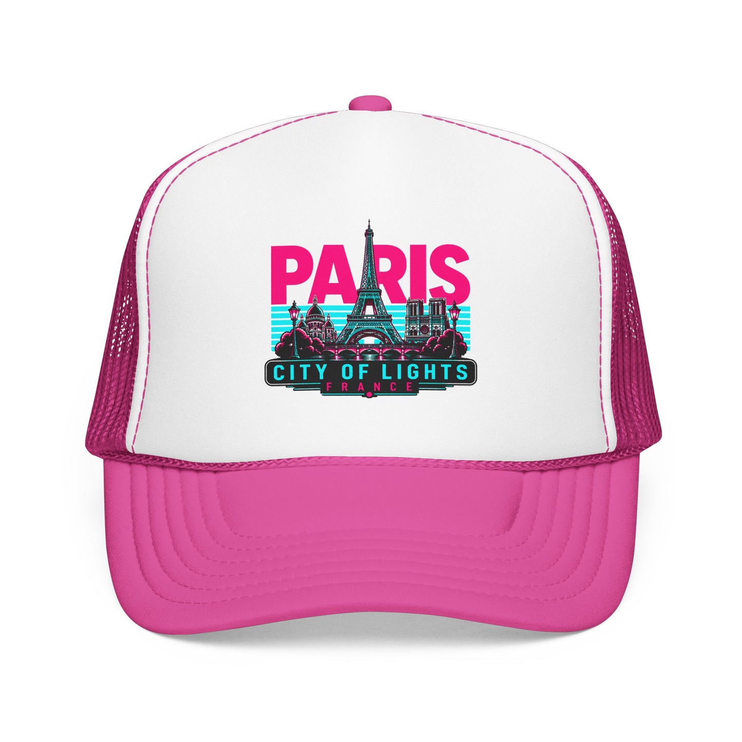 White and magenta mesh trucker hat with “PARIS City of Lights” front graphic patch.