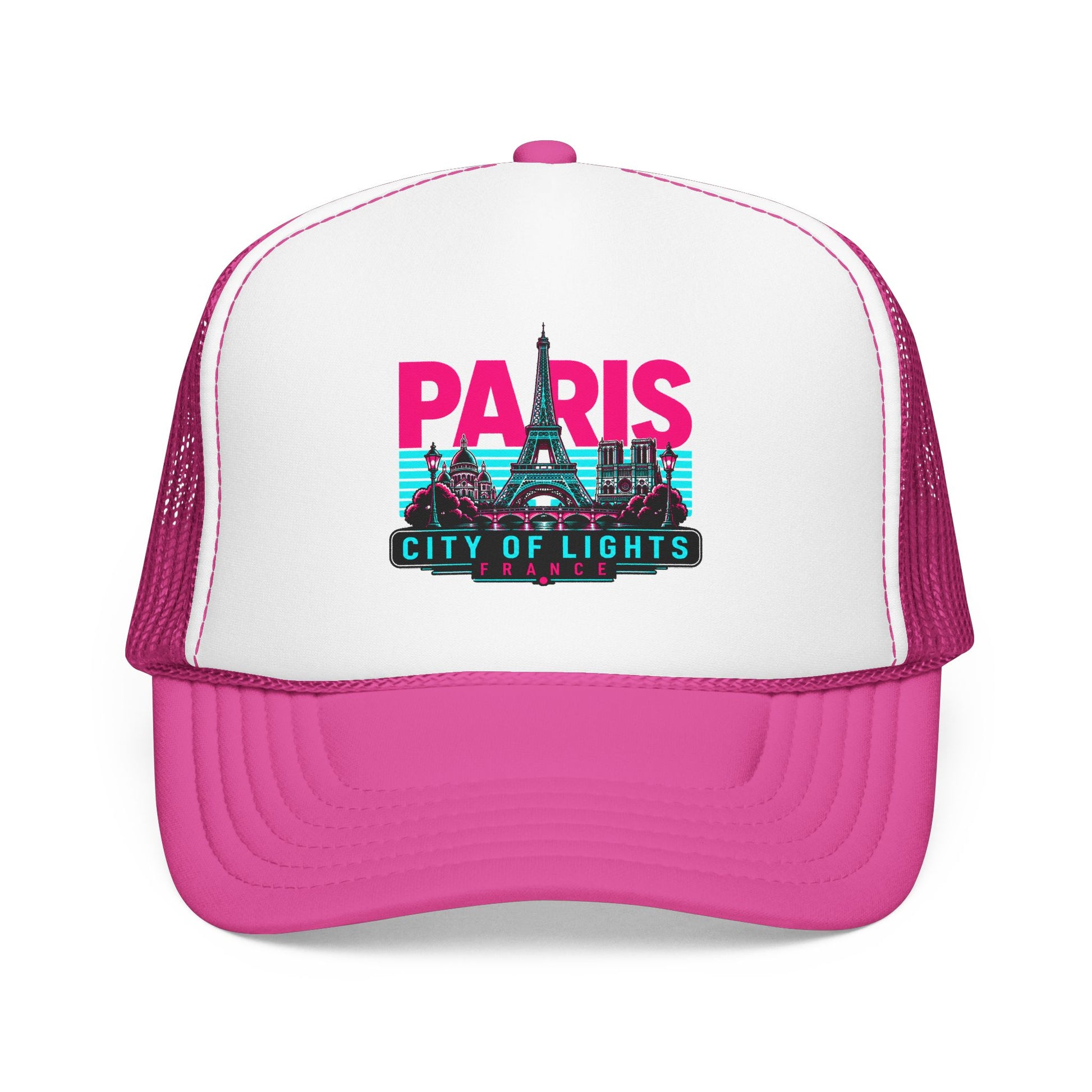 White and magenta mesh trucker hat with “PARIS City of Lights” front graphic patch.