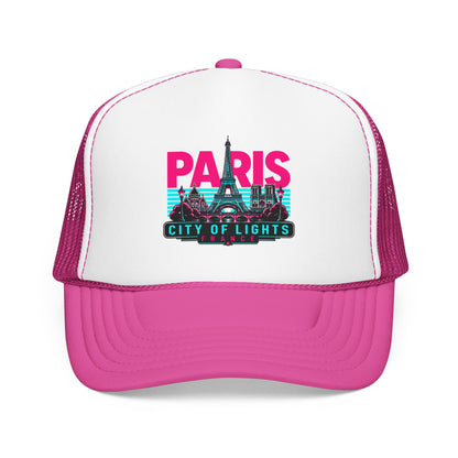 White and magenta mesh trucker hat with “PARIS City of Lights” front graphic patch.