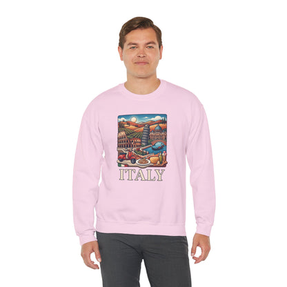 Light pink crewneck sweatshirt with colorful 'ITALY' graphic on the chest