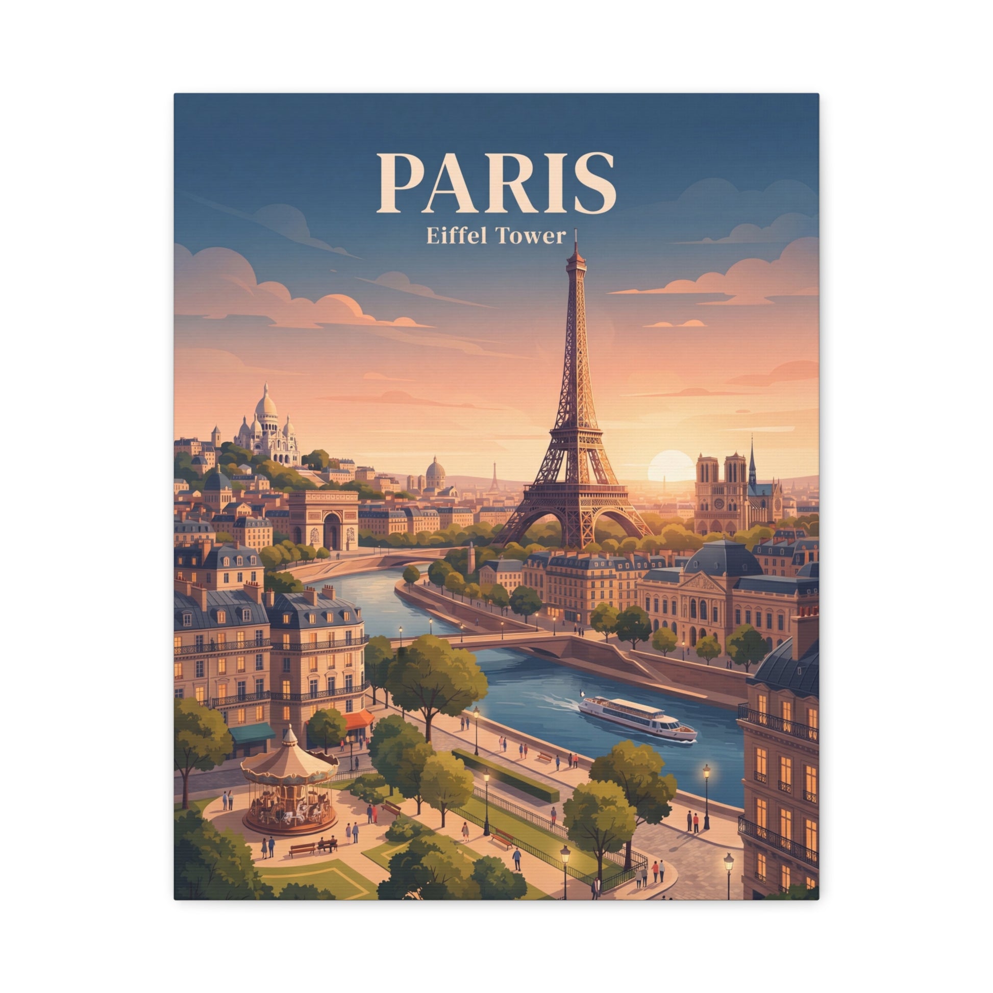 Matte canvas wall art with PARIS title and Eiffel Tower over a warm sunset city river