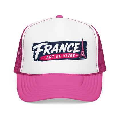 Trucker hat with white front, hot pink mesh sides, pink brim, and 'FRANCE' graphic