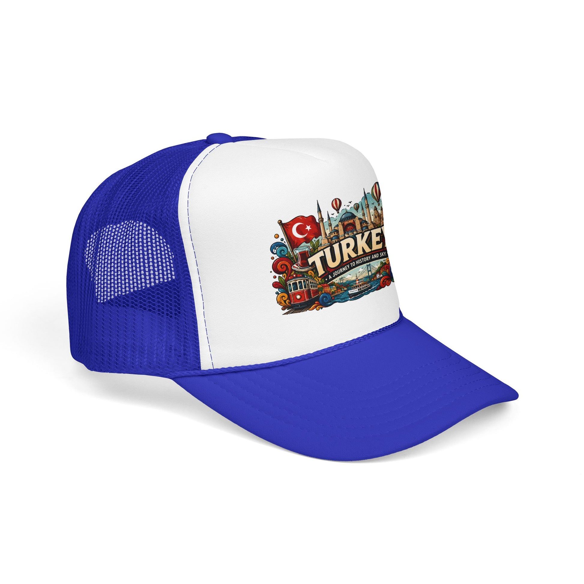 Blue mesh trucker hat with white front panel and colorful Turkey logo patch